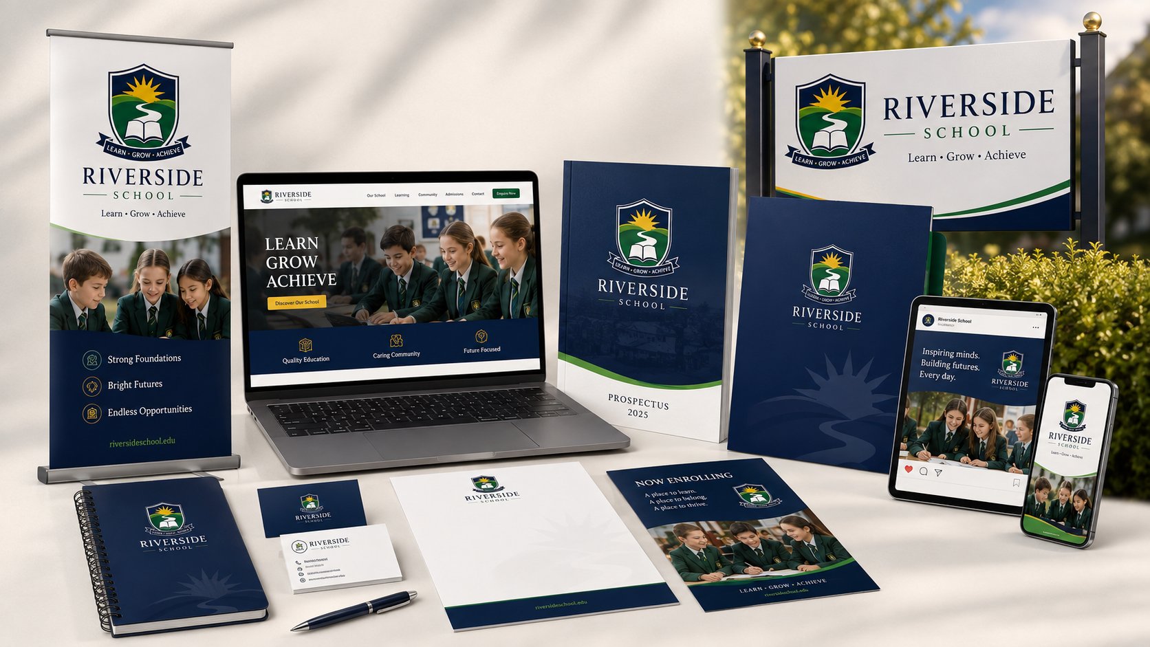 GRO. Creative branded school collateral — banners, prospectus, folder, notebook, year books, letterhead, and enrolment flyer for a New Zealand school, all consistently on-brand